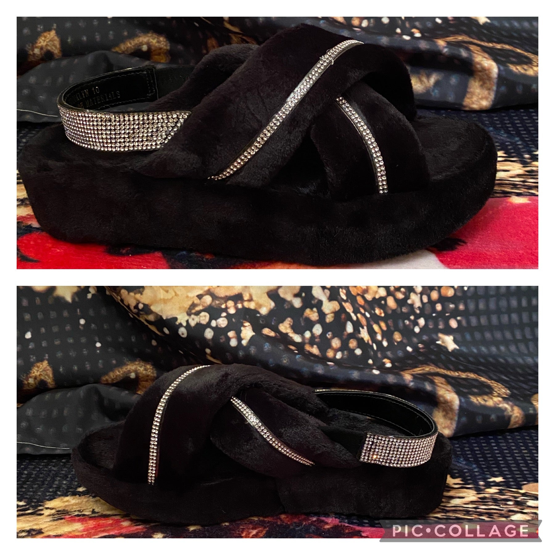 Rhinestone Crisscross Furry Sandals